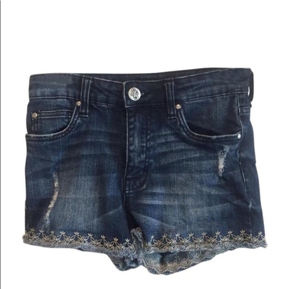 Stylish Blue Denim Shorts with Embroidered Hem